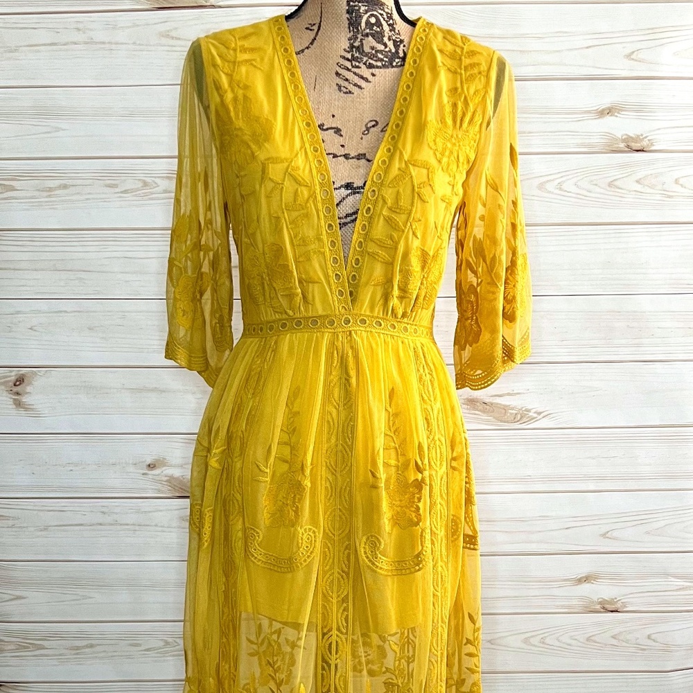 NWOT Yellow Lace Embroidered Romper with Side Slits